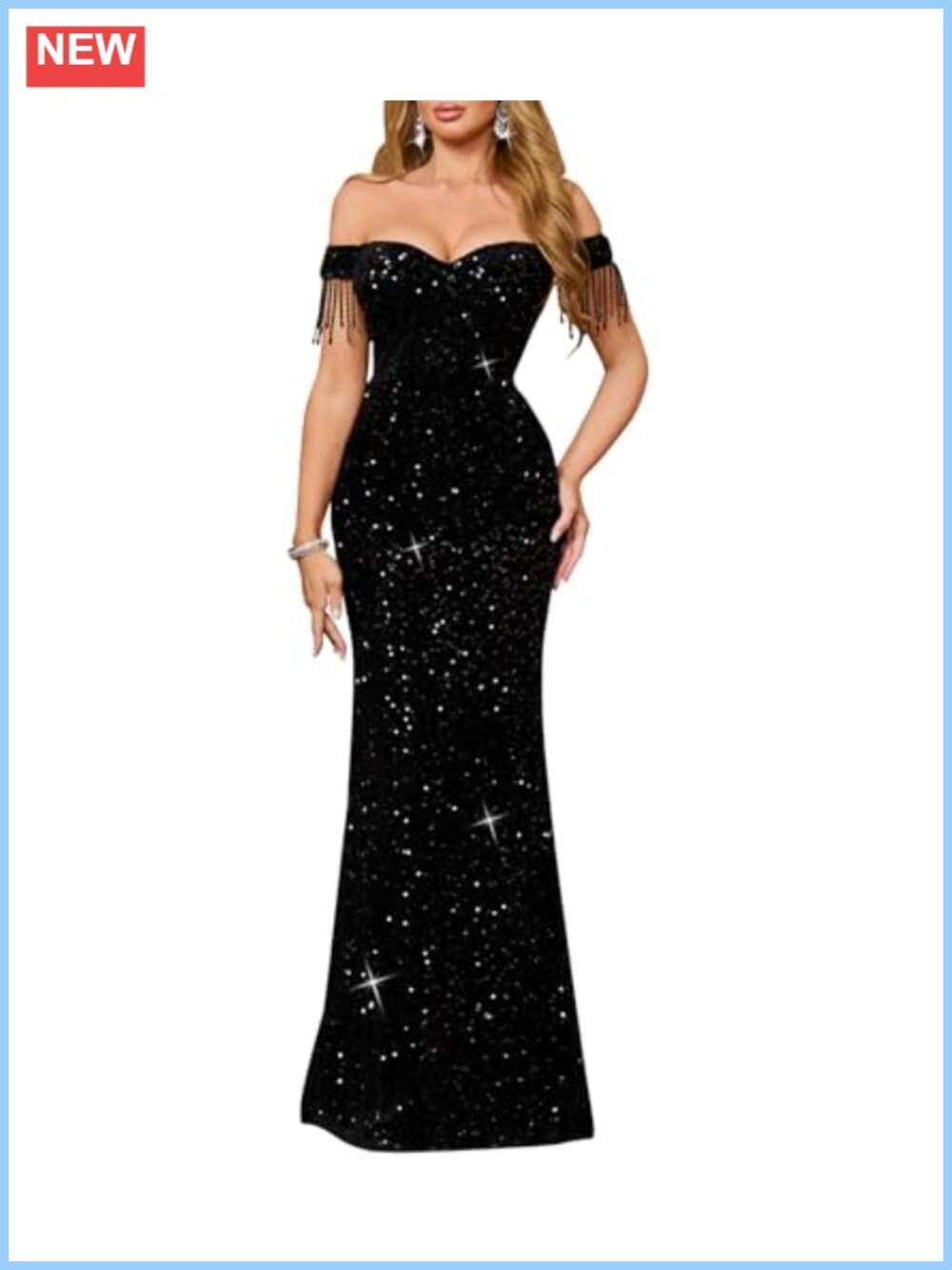 Off Shoulder Sequin Evening Gown Tassel Sleeve Formal Maxi Dress